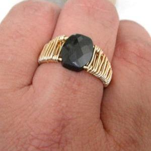 Faceted Black Zircon Wire Weaved Ring
