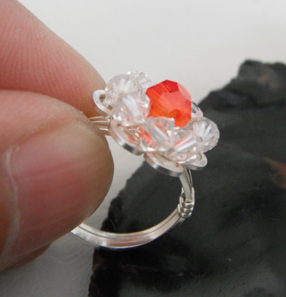 Wire Wrapped Orange Heart Swarovski Crystal Flower Ring
