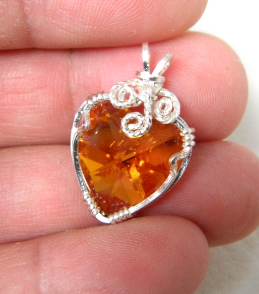 Wire Wrapped Swarovski Crystal Heart Pendant - Champagne Color